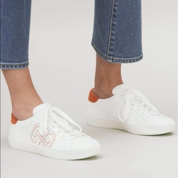 Tory Burch T-LOGO Leather Low Top Sneaker Orange - Picture 2 of 12